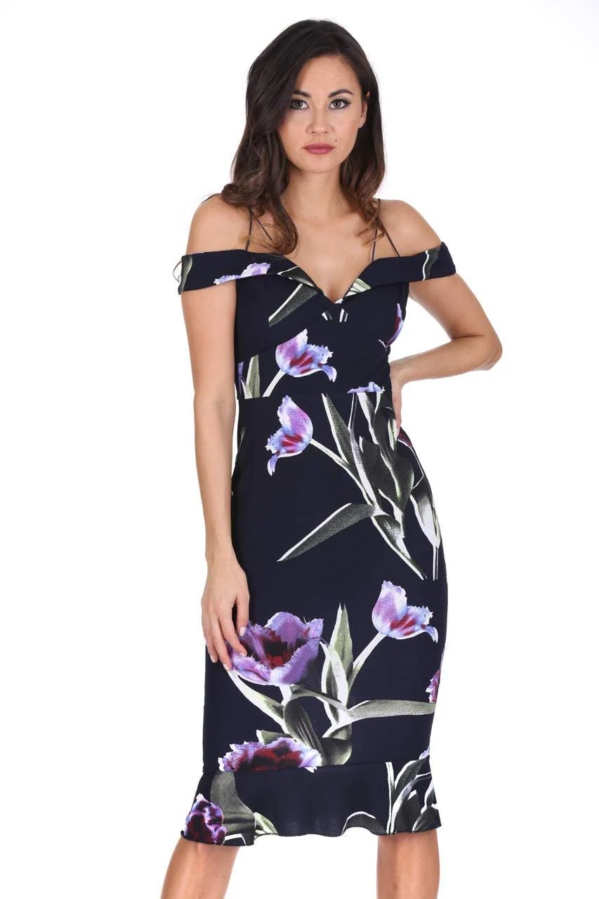 Navy Floral Off The Shoulder Midi Fishtail Dress - Image 5