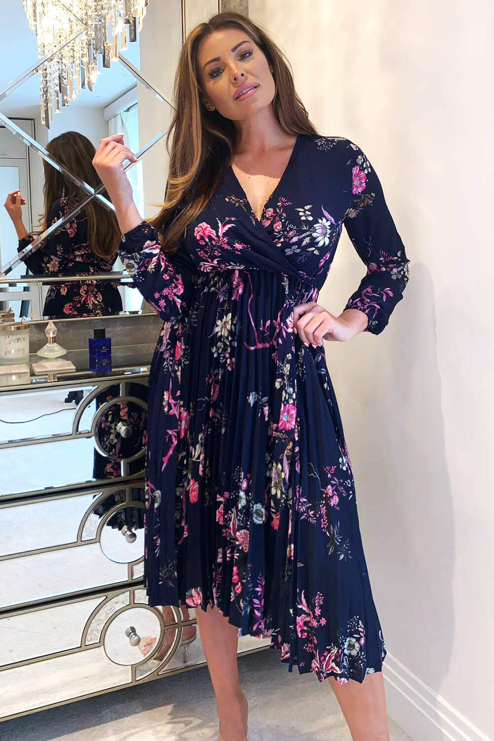 Navy Floral Pleated Dress - Image 2