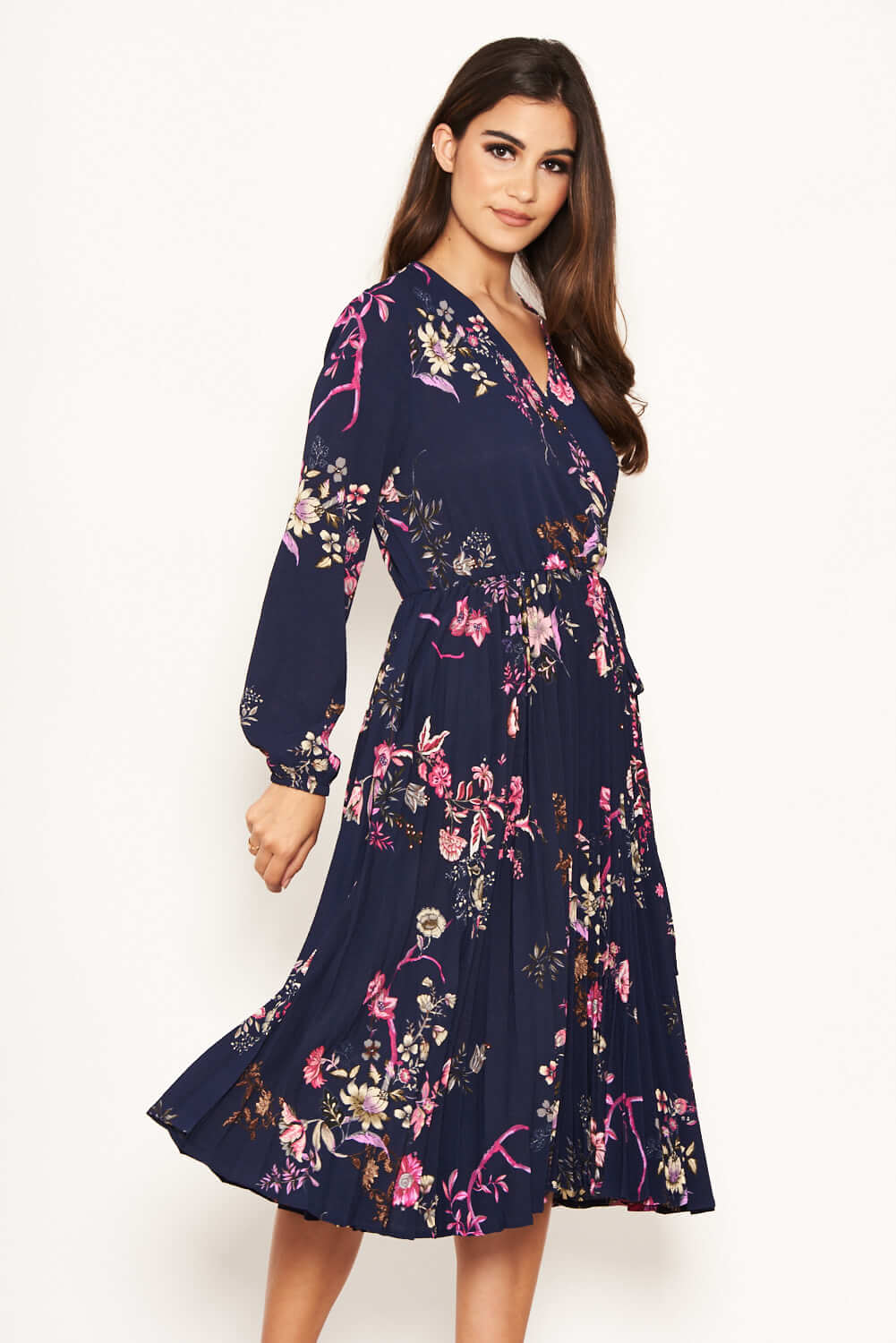Navy Floral Pleated Dress - Image 3