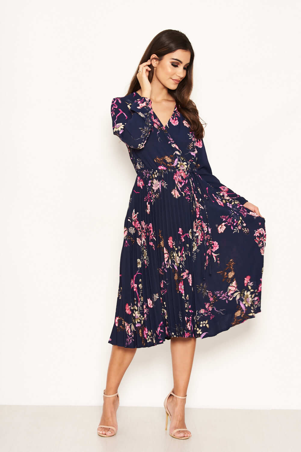 Navy Floral Pleated Dress - Image 4