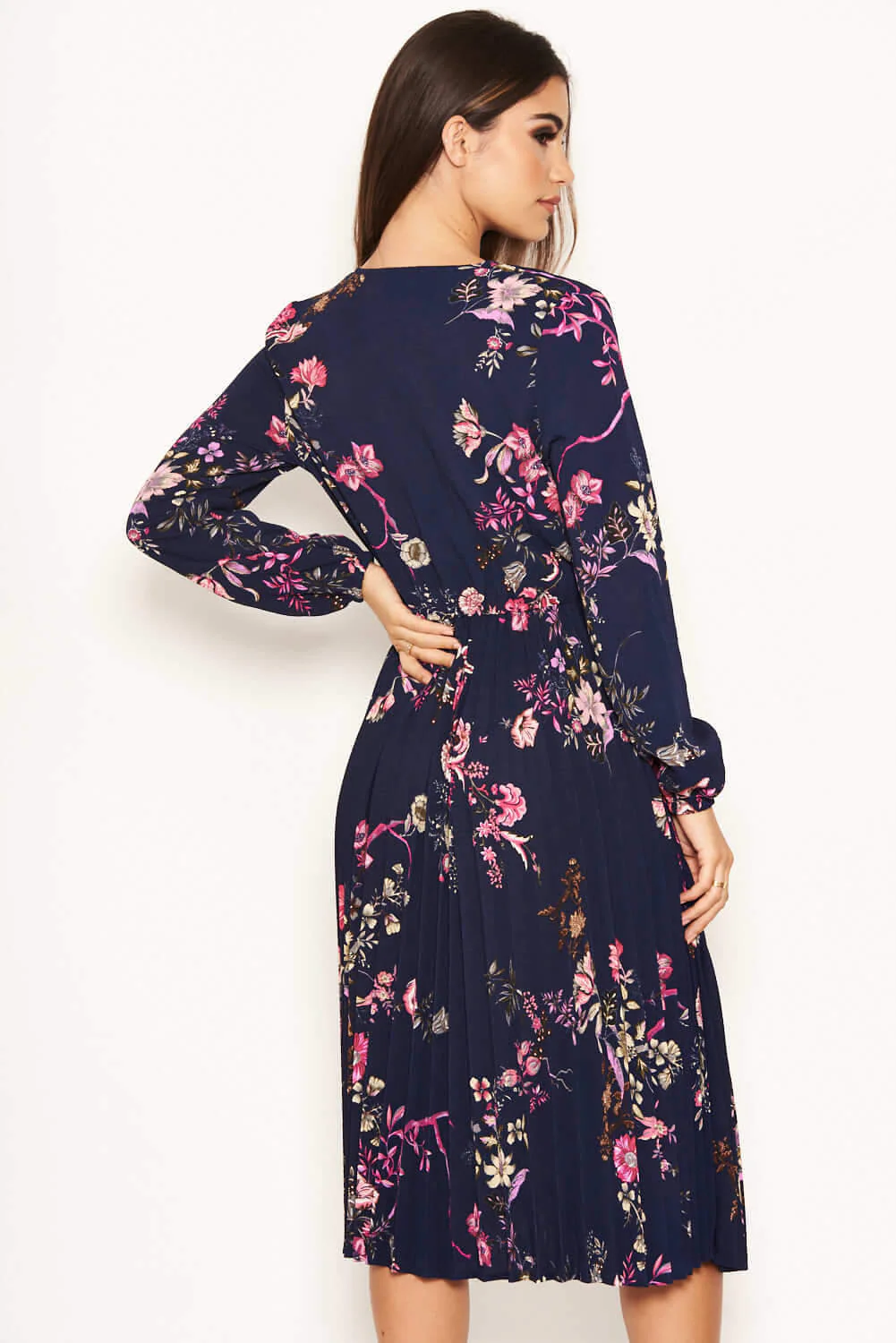 Navy Floral Pleated Dress - Image 5
