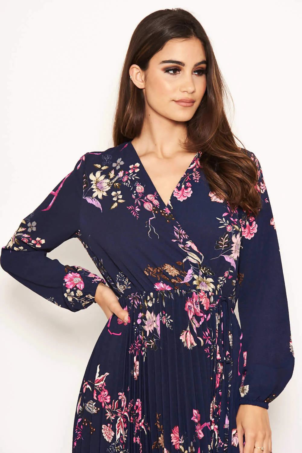 Navy Floral Pleated Dress - Image 7