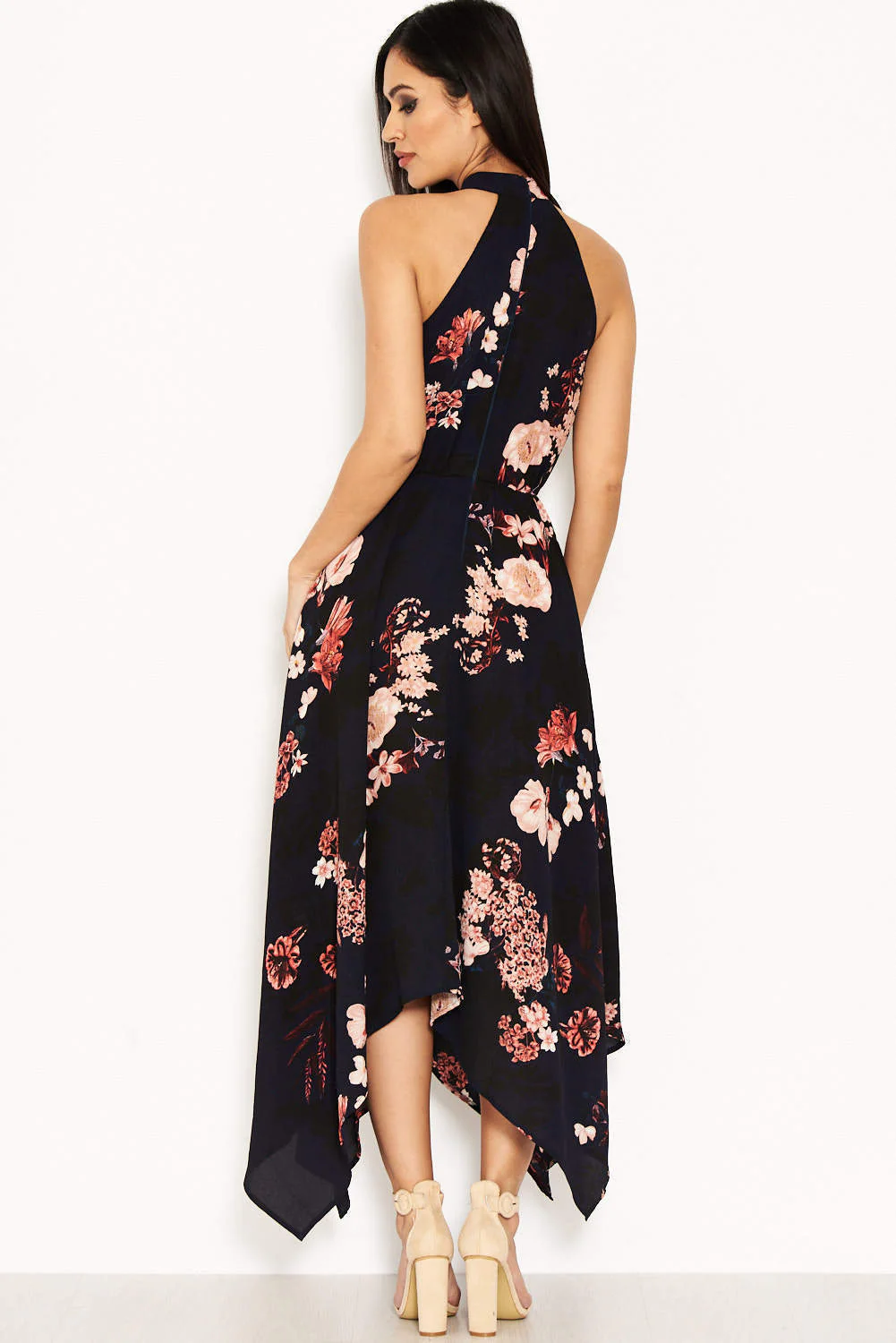 Navy Floral Print Choker Maxi Dress - Image 3