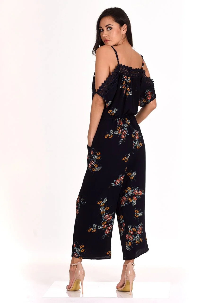 Navy Floral Print Crochet Detail Jumpsuit - Image 3
