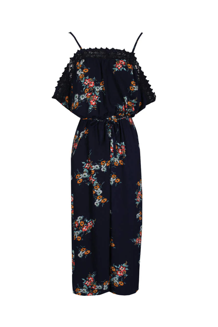 Navy Floral Print Crochet Detail Jumpsuit - Image 4