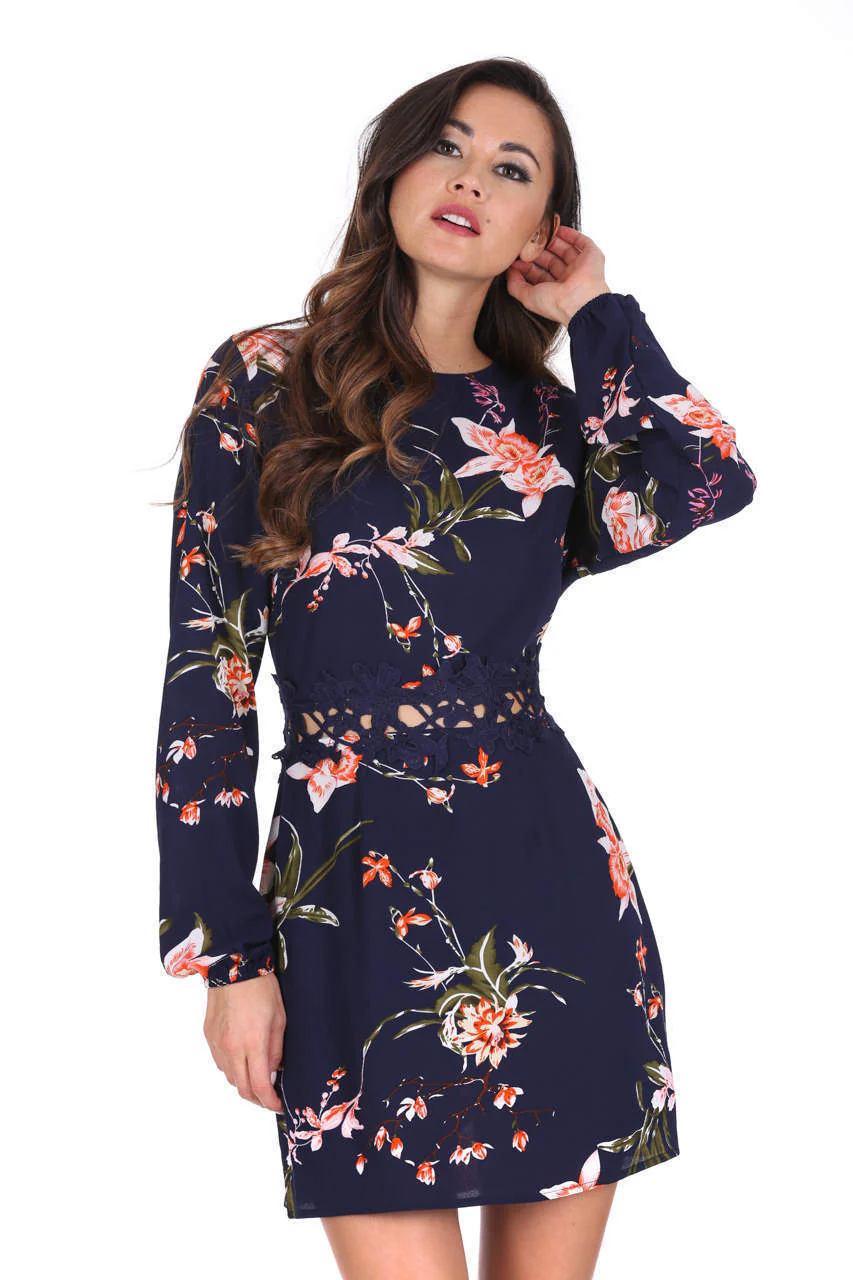 Navy Floral Print Crochet Waistband Dress - Image 2