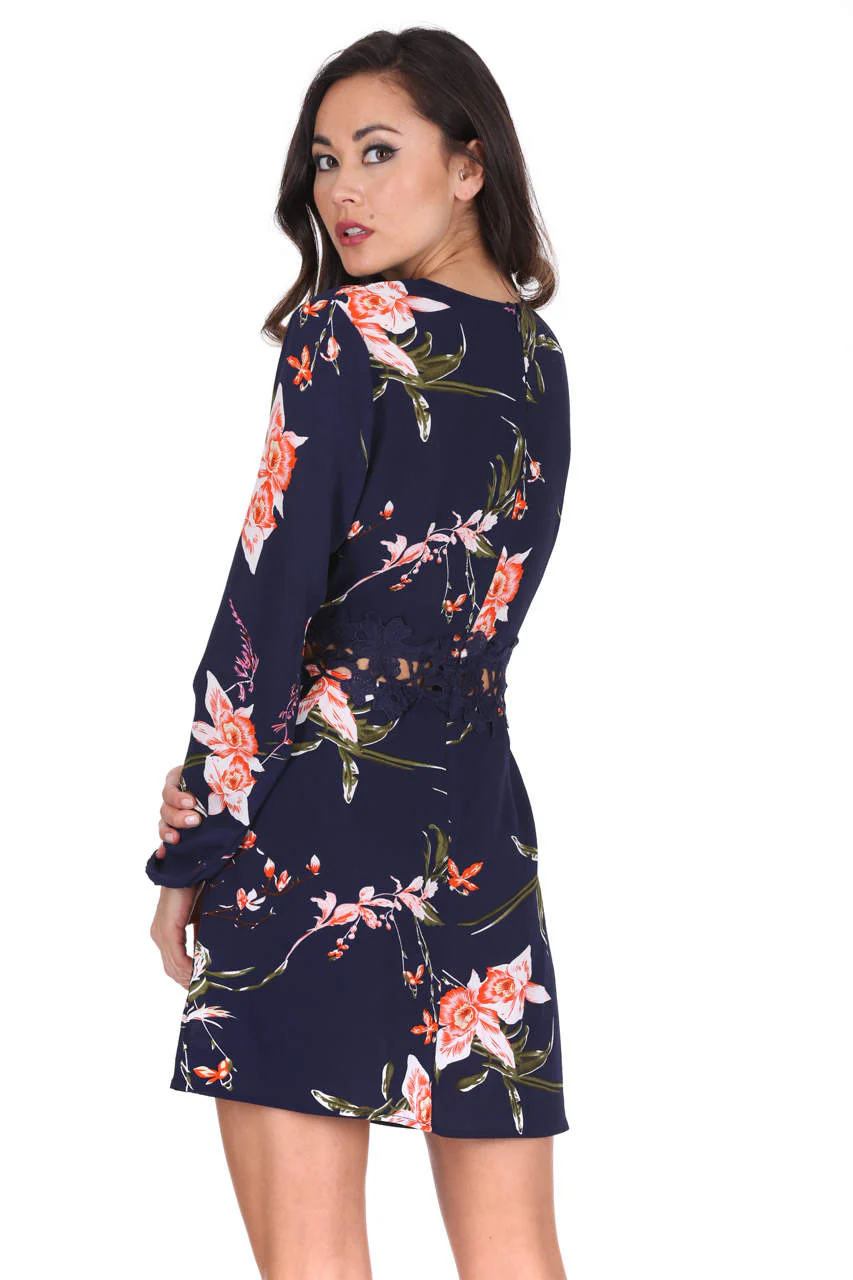 Navy Floral Print Crochet Waistband Dress - Image 4