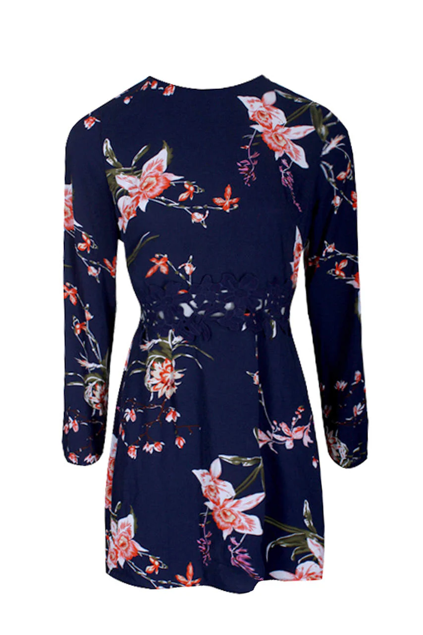 Navy Floral Print Crochet Waistband Dress - Image 5