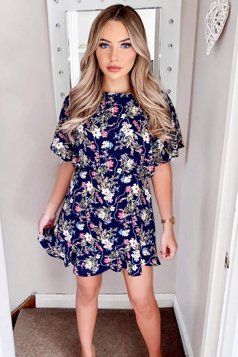 Navy Floral Print Cross Back Dress - Image 2
