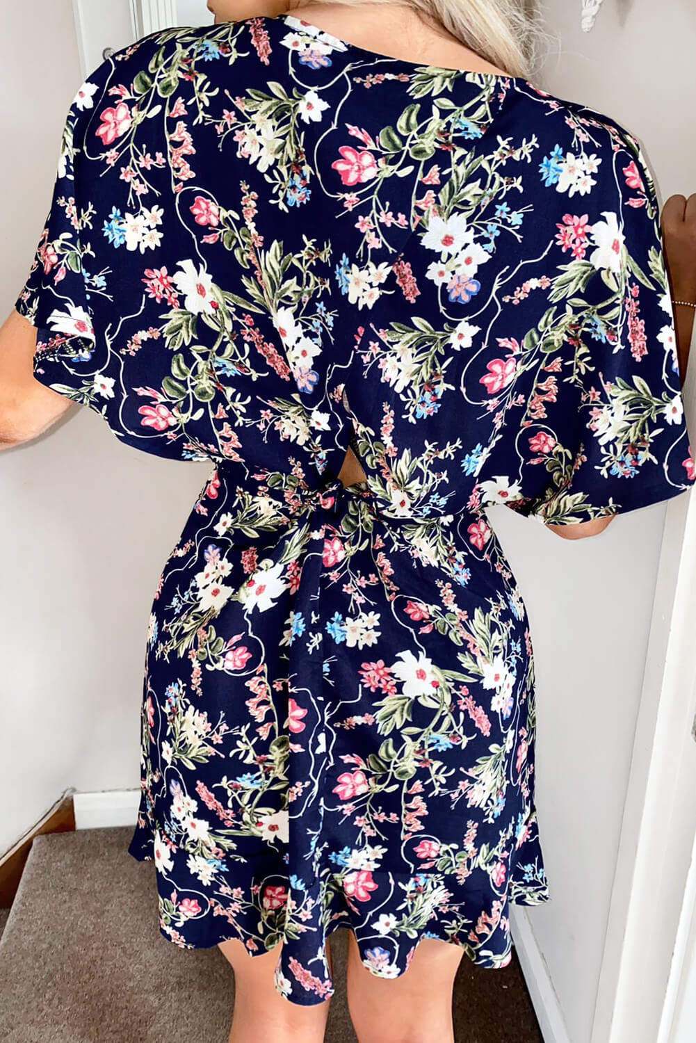 Navy Floral Print Cross Back Dress - Image 3