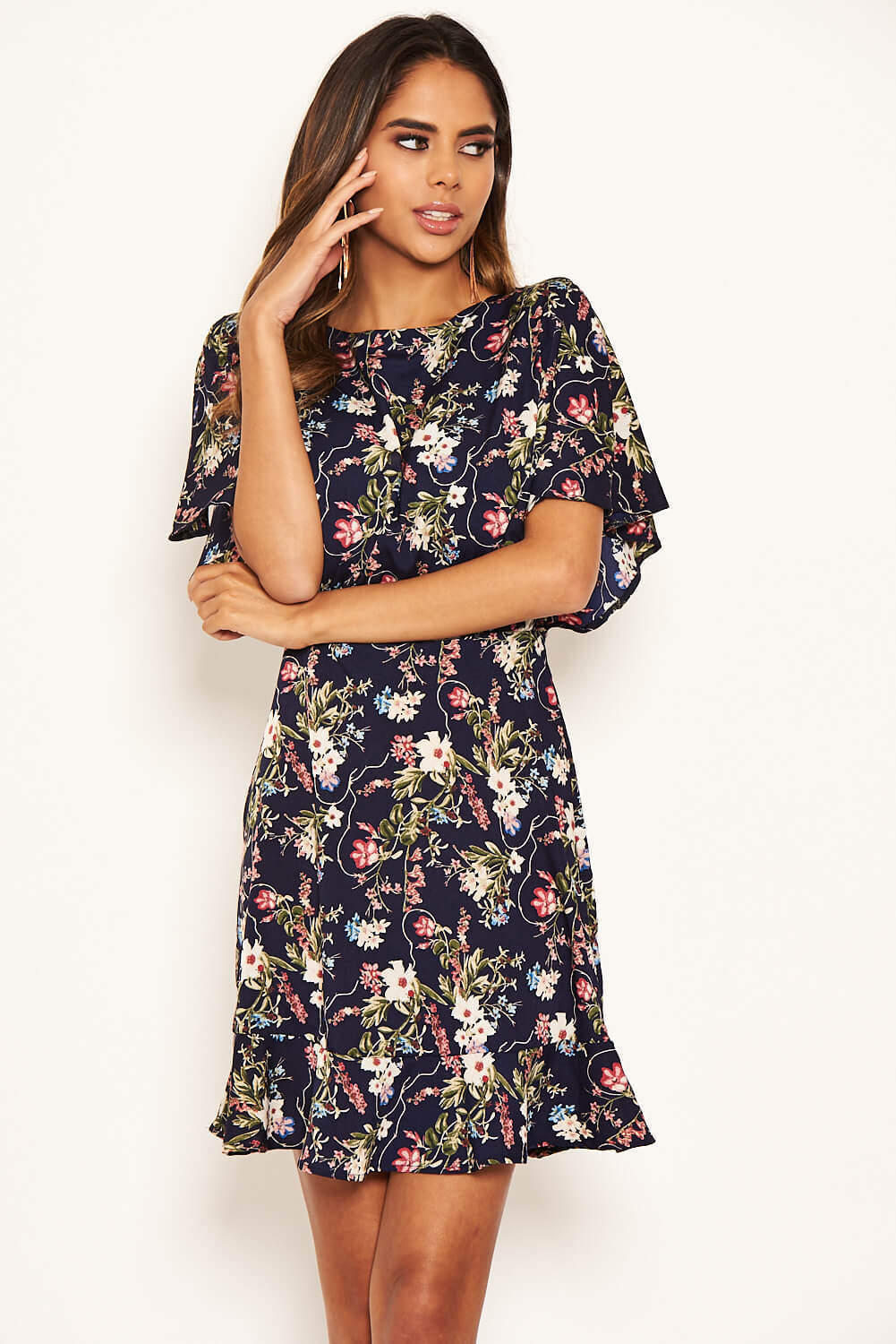 Navy Floral Print Cross Back Dress - Image 6