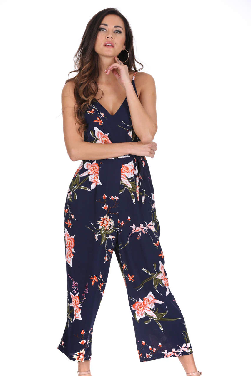 Navy Floral Print Culotte Jumpsuit - Image 2