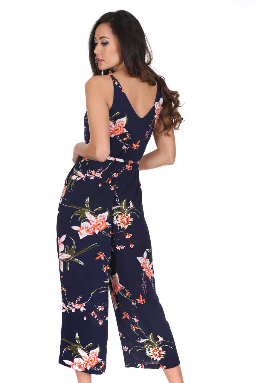 Navy Floral Print Culotte Jumpsuit - Image 3