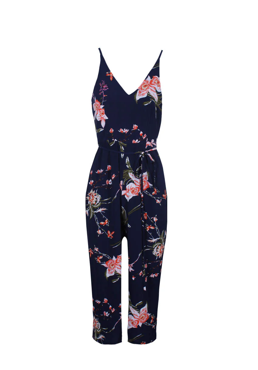 Navy Floral Print Culotte Jumpsuit - Image 4