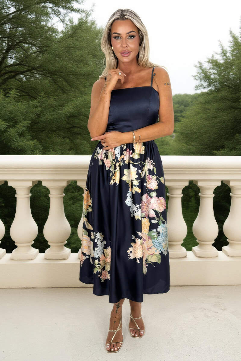 Navy Floral Print Detail Strappy Midi Dress - Image 4