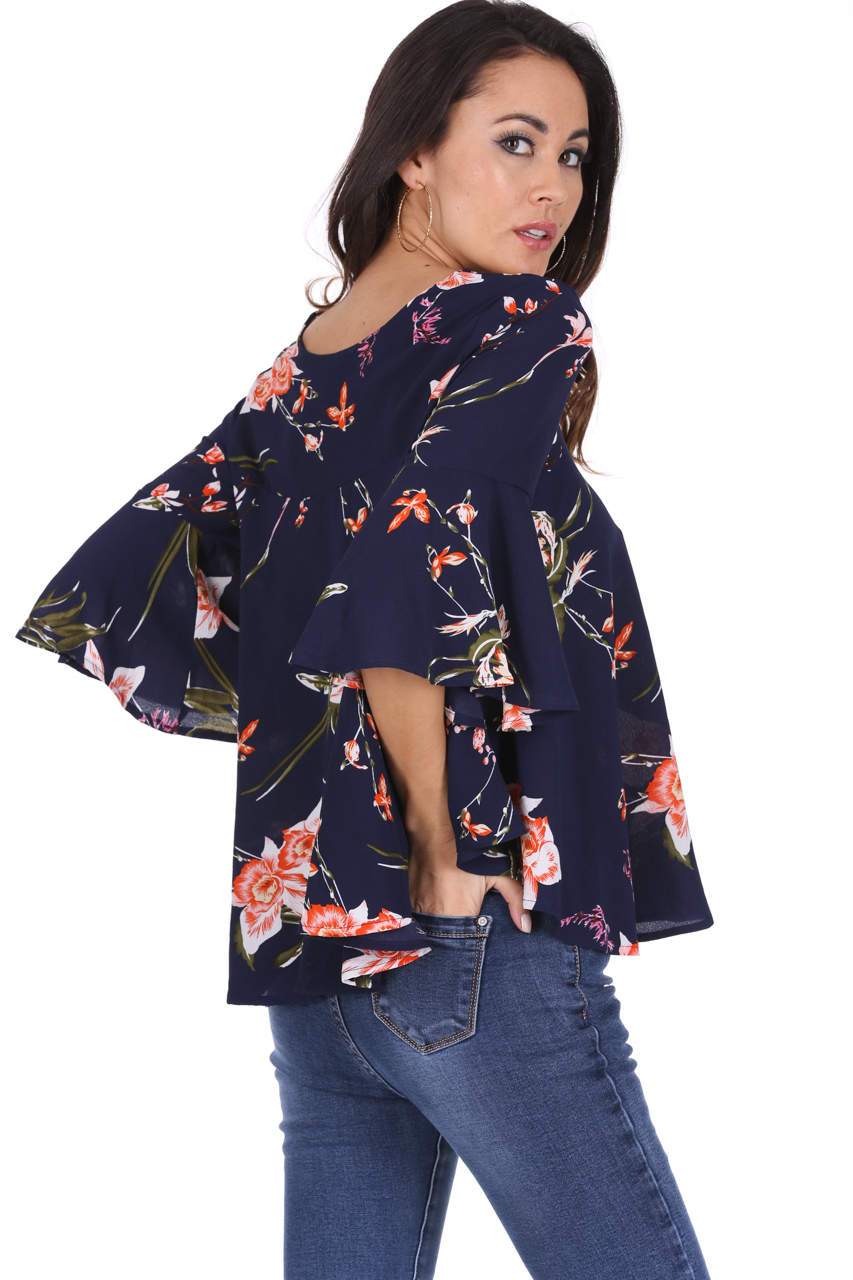 Navy Floral Print Flared Blouse - Image 3