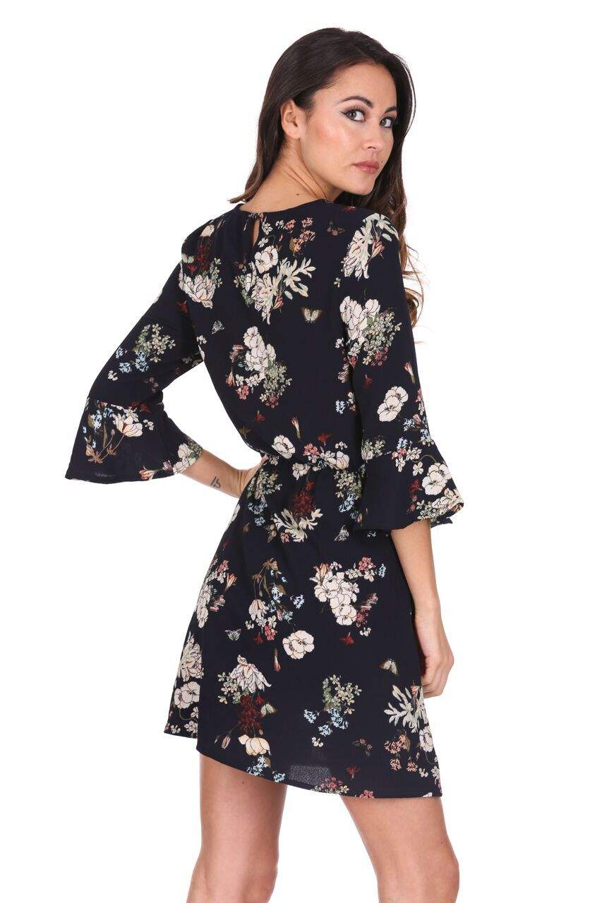 Navy Floral Print Frill Sleeve Dress - Image 3