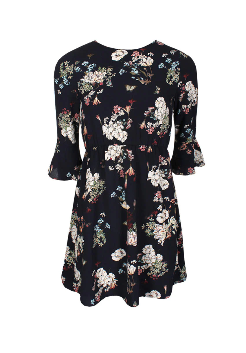 Navy Floral Print Frill Sleeve Dress - Image 4