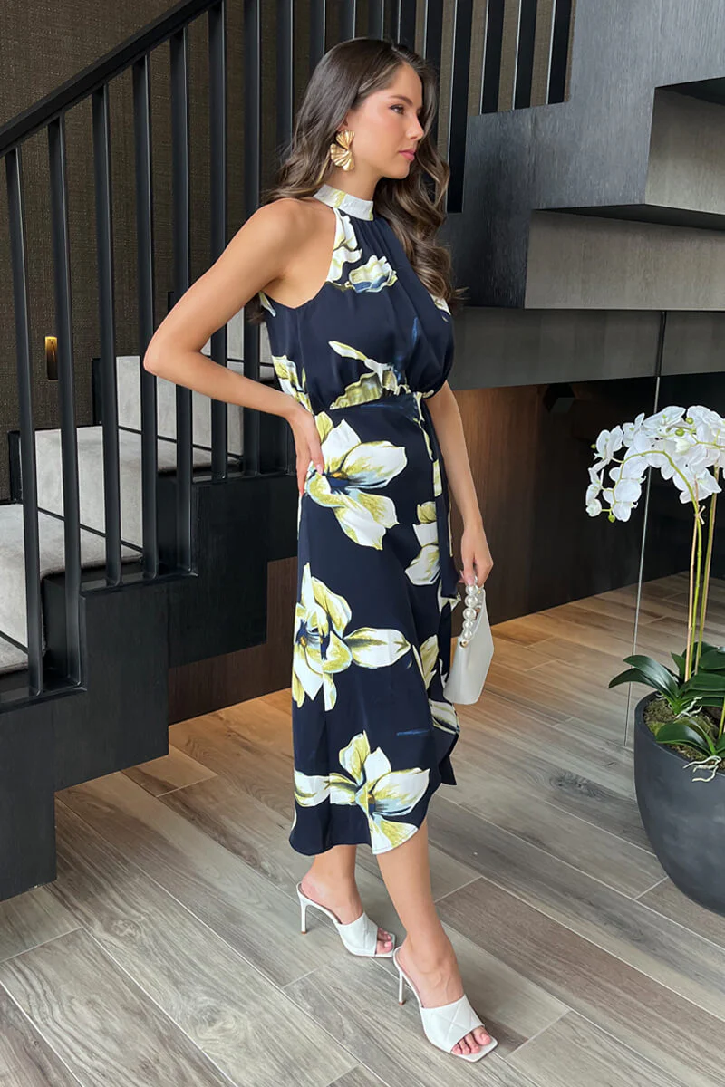 Navy Floral Print Halter Neck Dipped Hem Midi Dress - Image 4