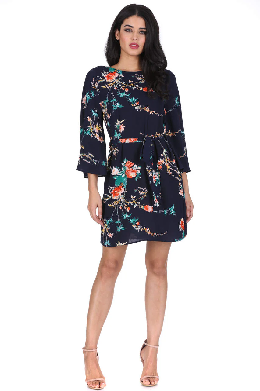 Navy Floral Print Tie Waist Dress - Image 2