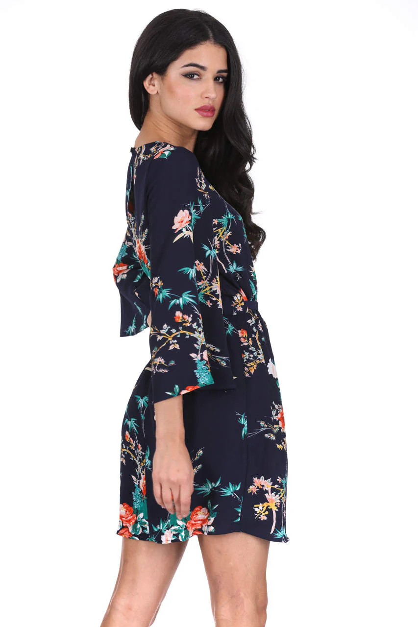 Navy Floral Print Tie Waist Dress - Image 3
