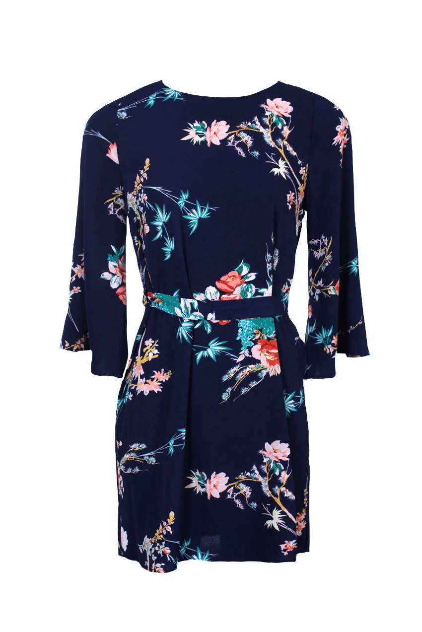 Navy Floral Print Tie Waist Dress - Image 4