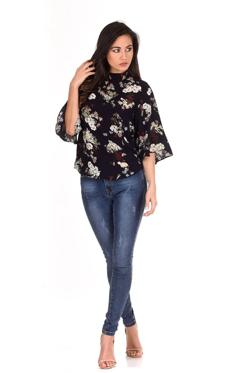 Navy Floral Print Top - Image 2