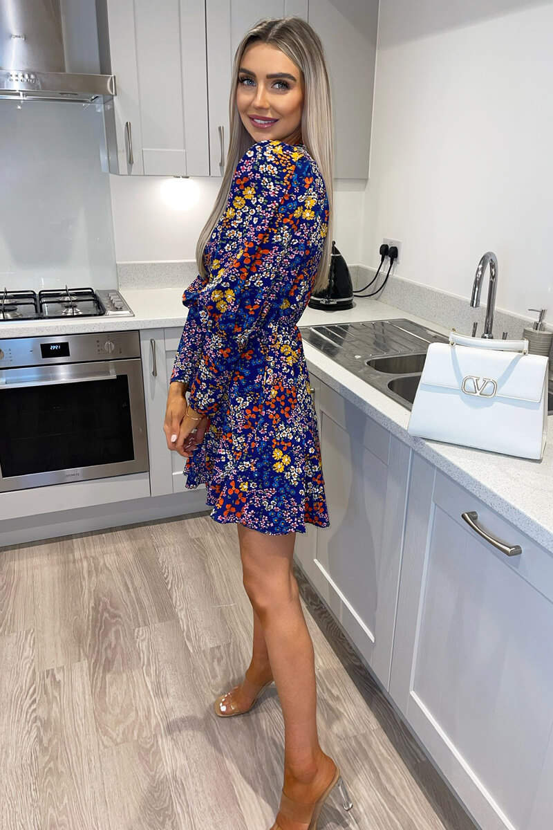 Navy Floral Print V-Neck Long Sleeve Skater Dress - Image 3