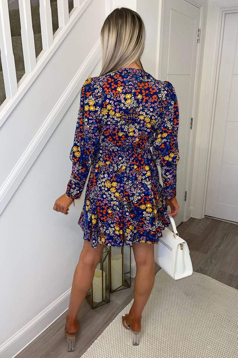 Navy Floral Print V-Neck Long Sleeve Skater Dress - Image 4