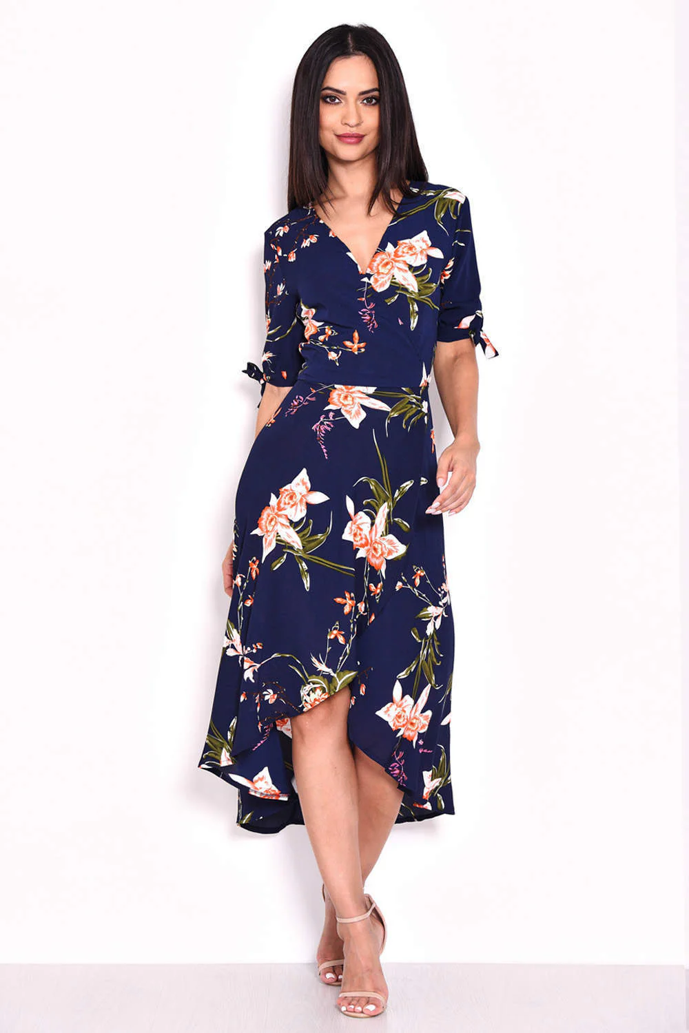 Navy Floral Print Wrap Dress - Image 2