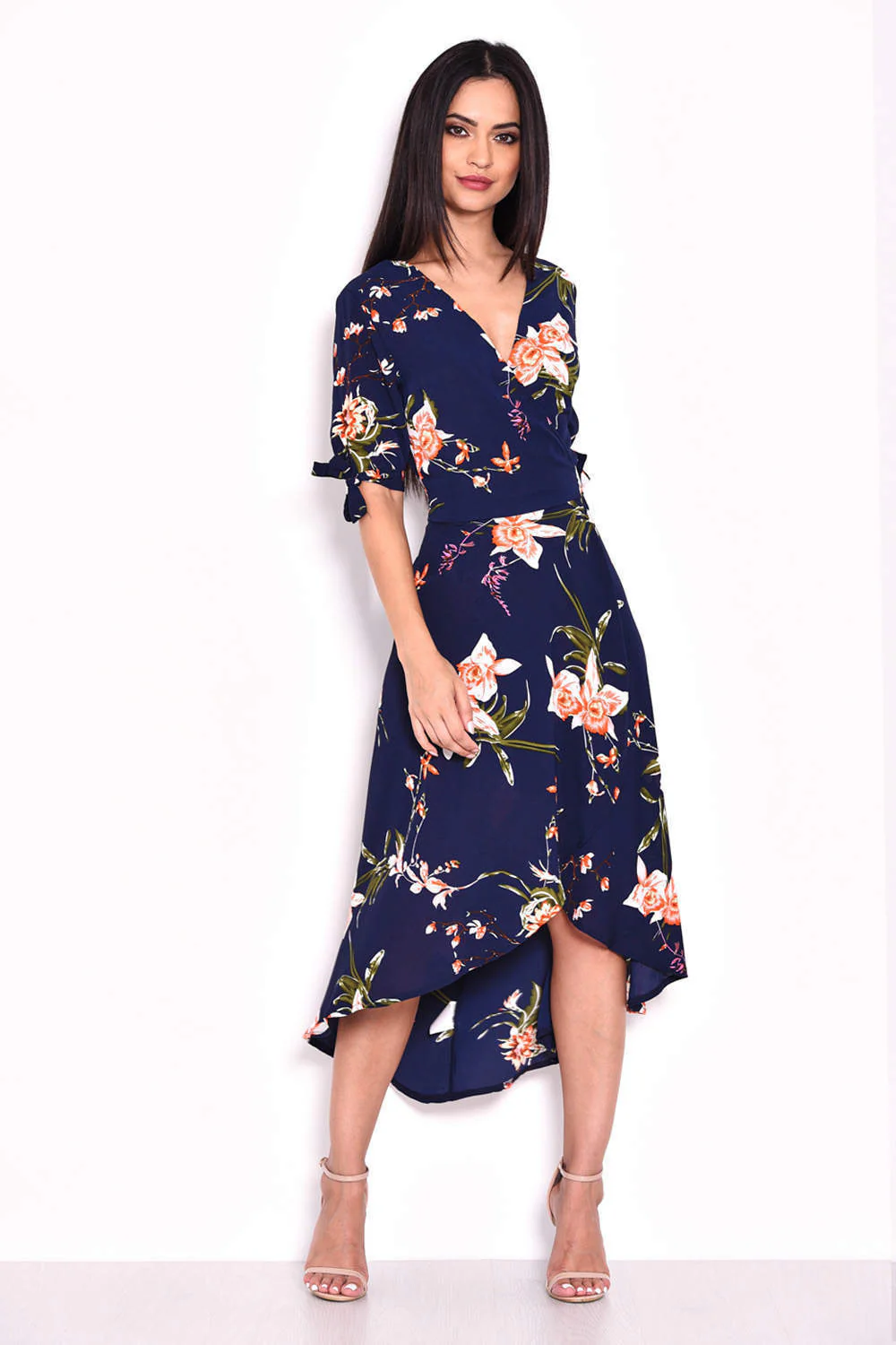 Navy Floral Print Wrap Dress - Image 4