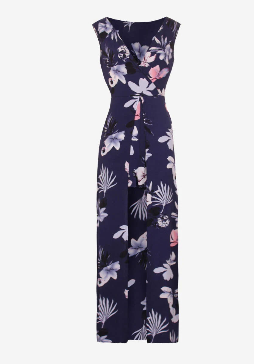 Navy Floral Print Wrap Skirt Playsuit - Image 4