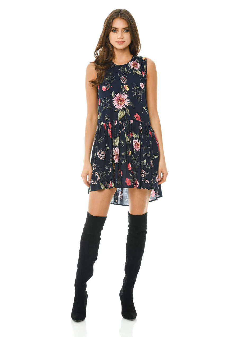 Navy Floral Printed Dipped Back Dress - Image 2