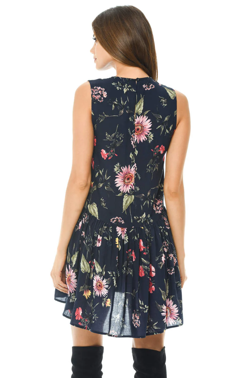 Navy Floral Printed Dipped Back Dress - Image 3