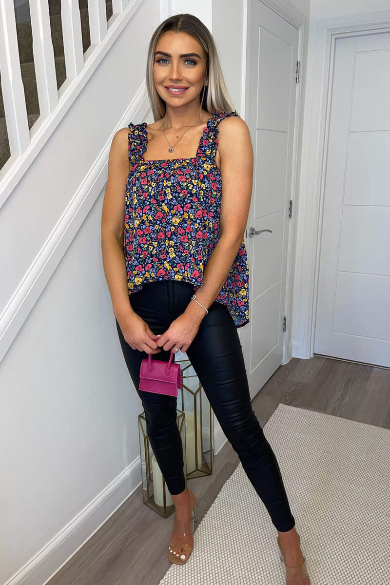 Navy Floral Printed Elasticated Strap Top - Image 2