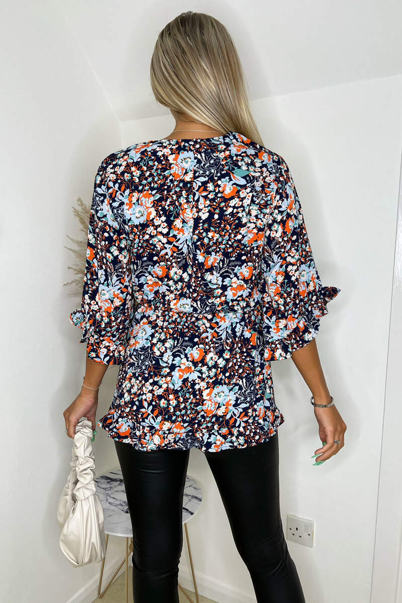 Navy Floral Printed Frill Hem Wrap Top - Image 5