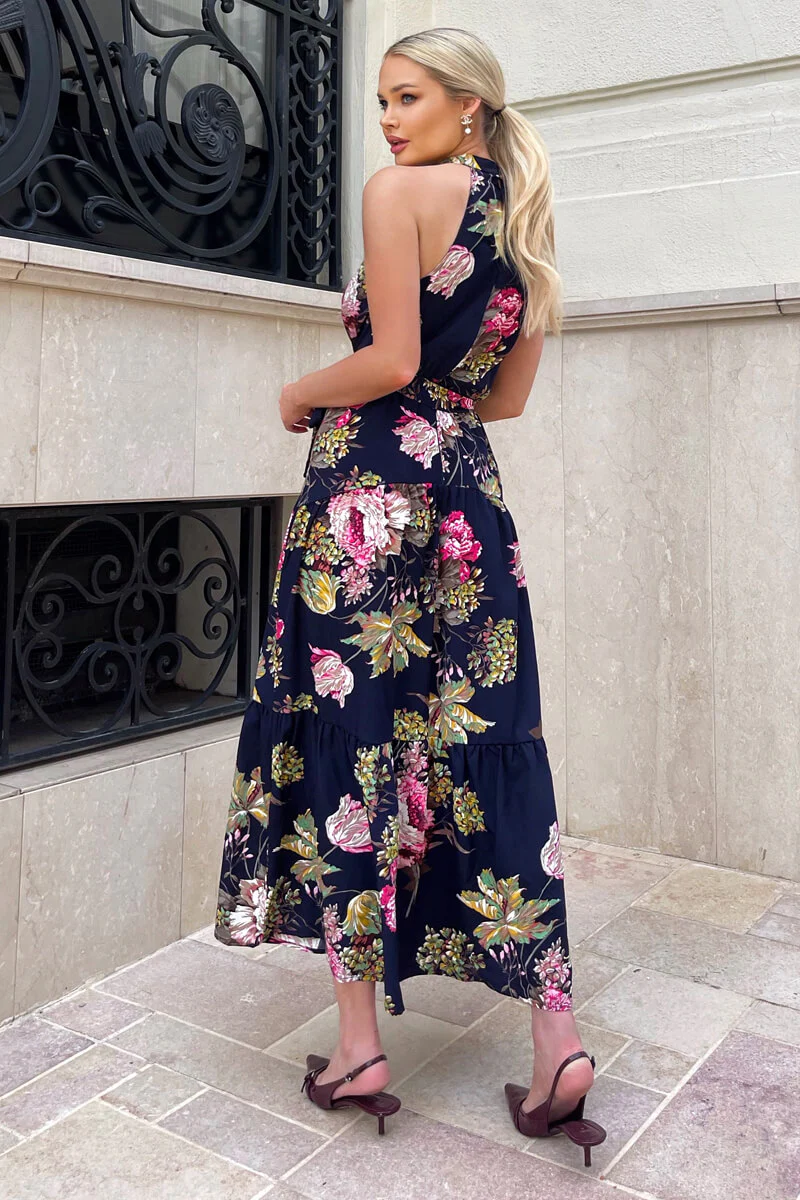 Navy Floral Printed High Neck Tie Belt Midi Dress - Image 3