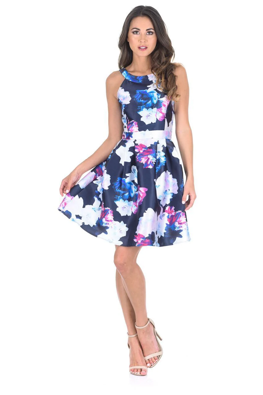 Navy Floral Printed Skater Dress With Elasticated Back - Image 2