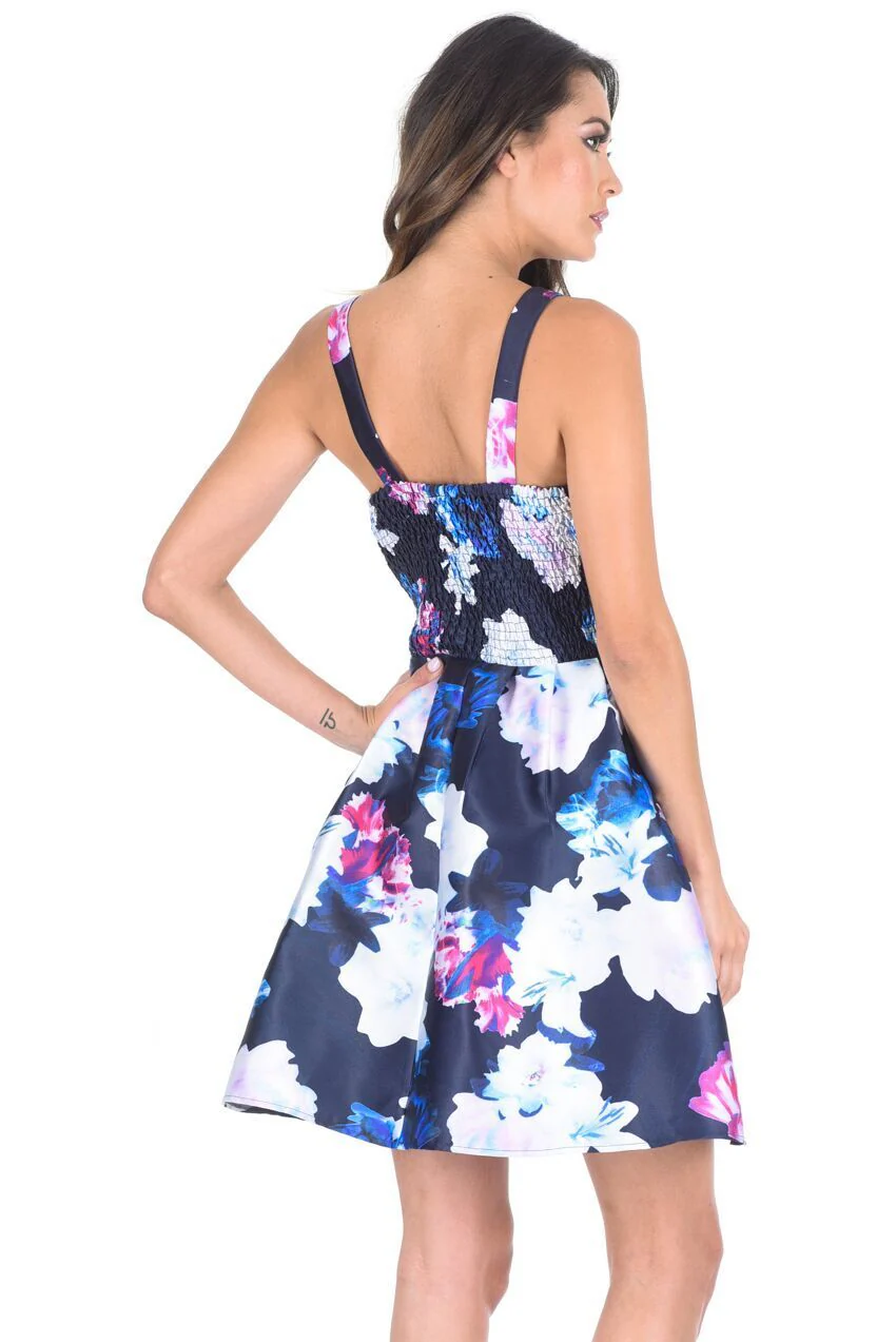 Navy Floral Printed Skater Dress With Elasticated Back - Image 3