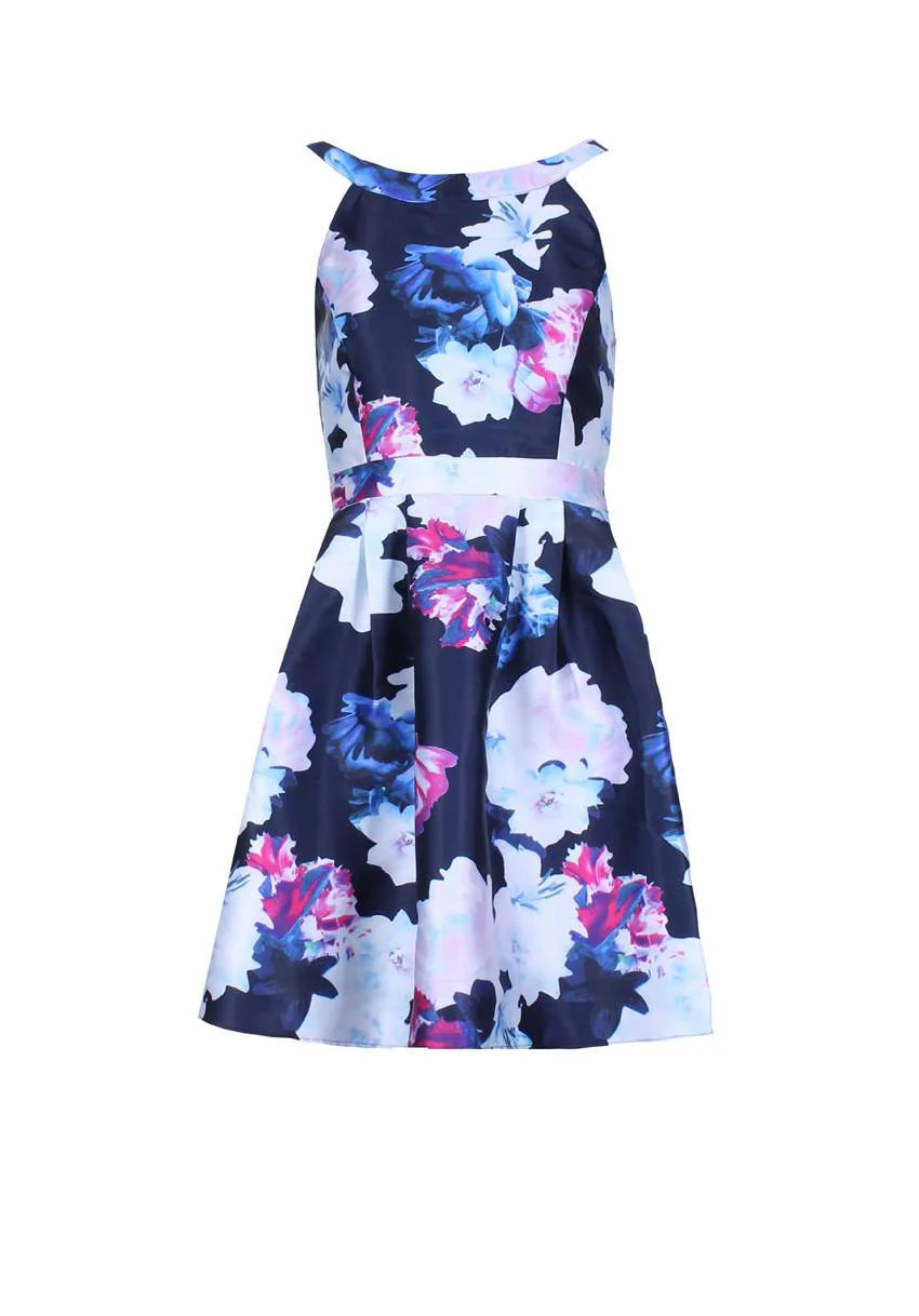 Navy Floral Printed Skater Dress With Elasticated Back - Image 4