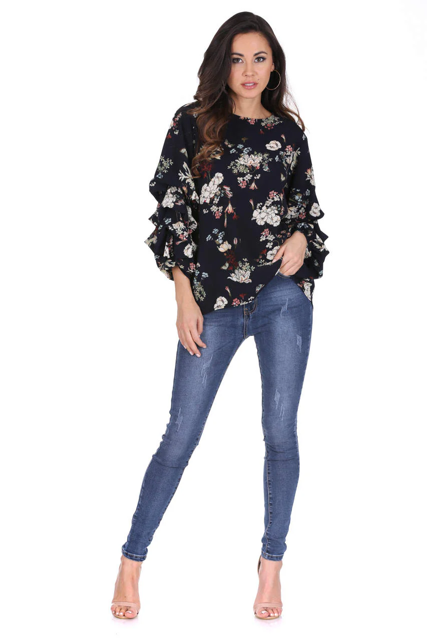 Navy Floral Ruched Sleeved Top - Image 2