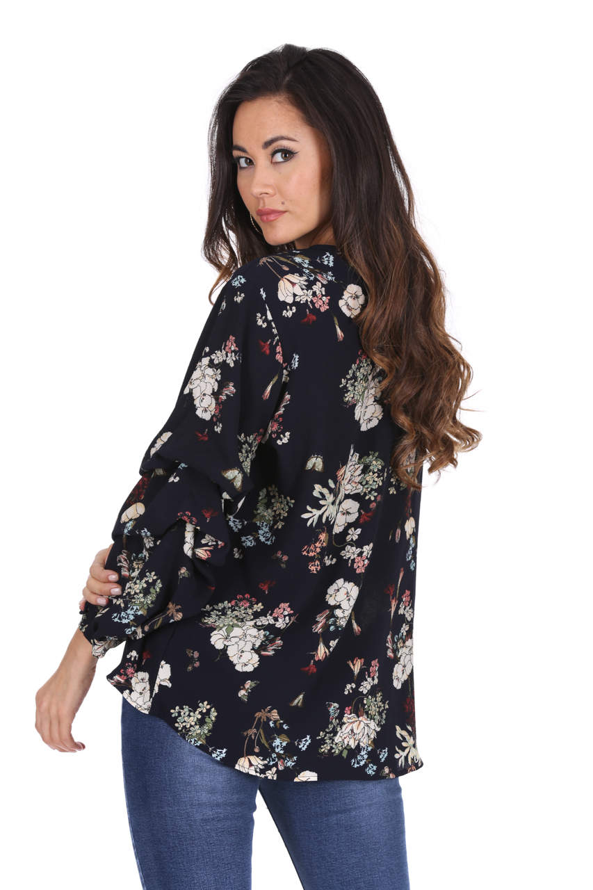 Navy Floral Ruched Sleeved Top - Image 3