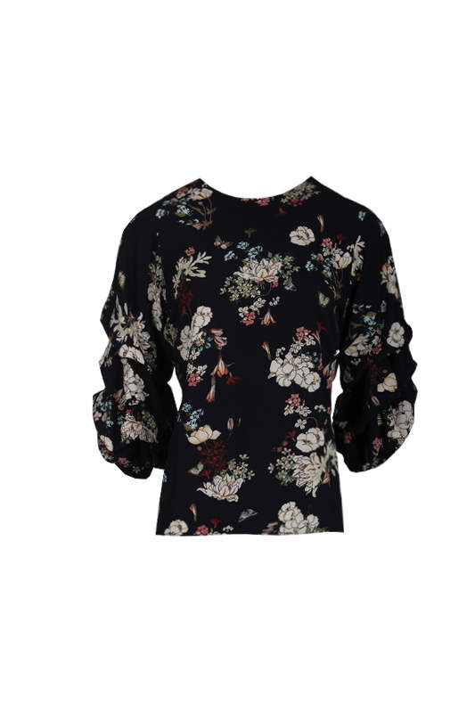 Navy Floral Ruched Sleeved Top - Image 4