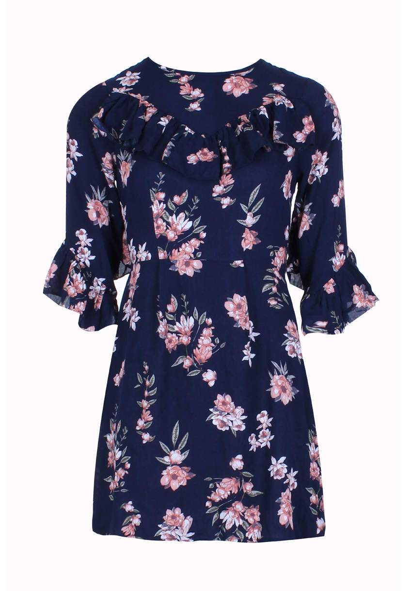Navy Floral Skater Dress With V-Front Frill - Image 4