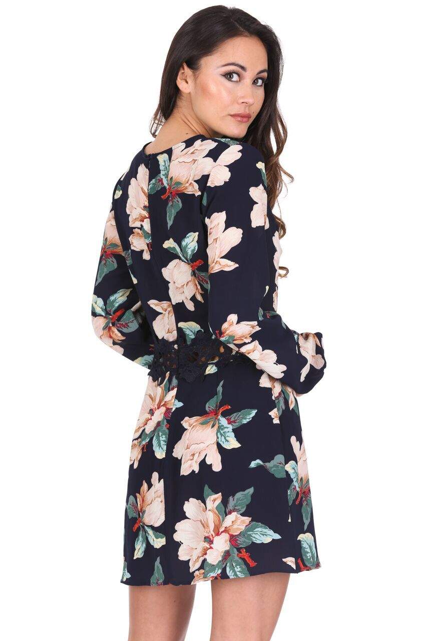 Navy Floral Sleeved Crochet Detail Dress - Image 3