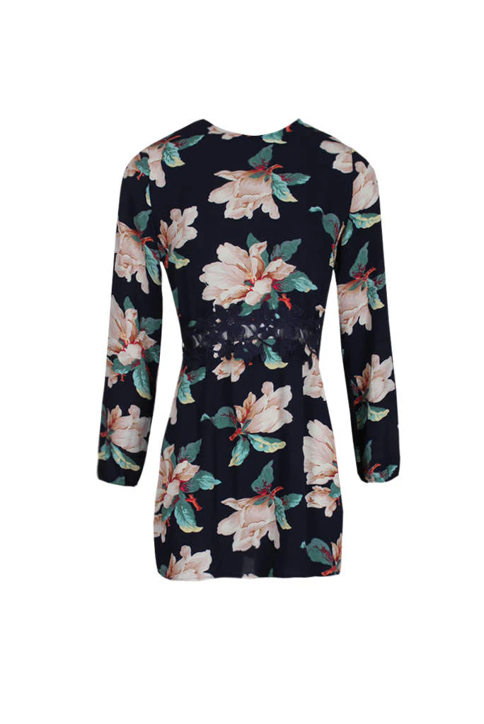 Navy Floral Sleeved Crochet Detail Dress - Image 4