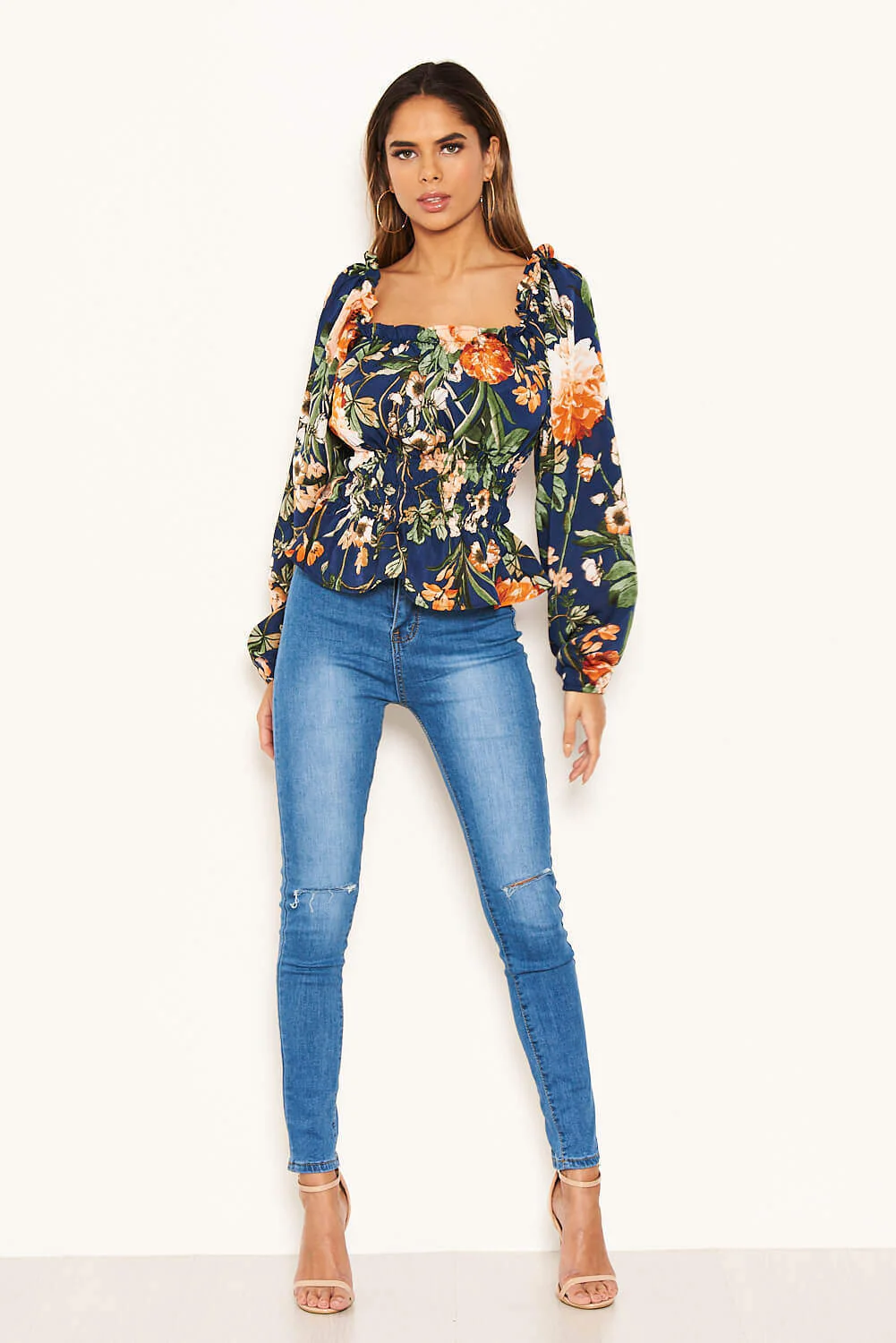 Navy Floral Square Neck Top - Image 2