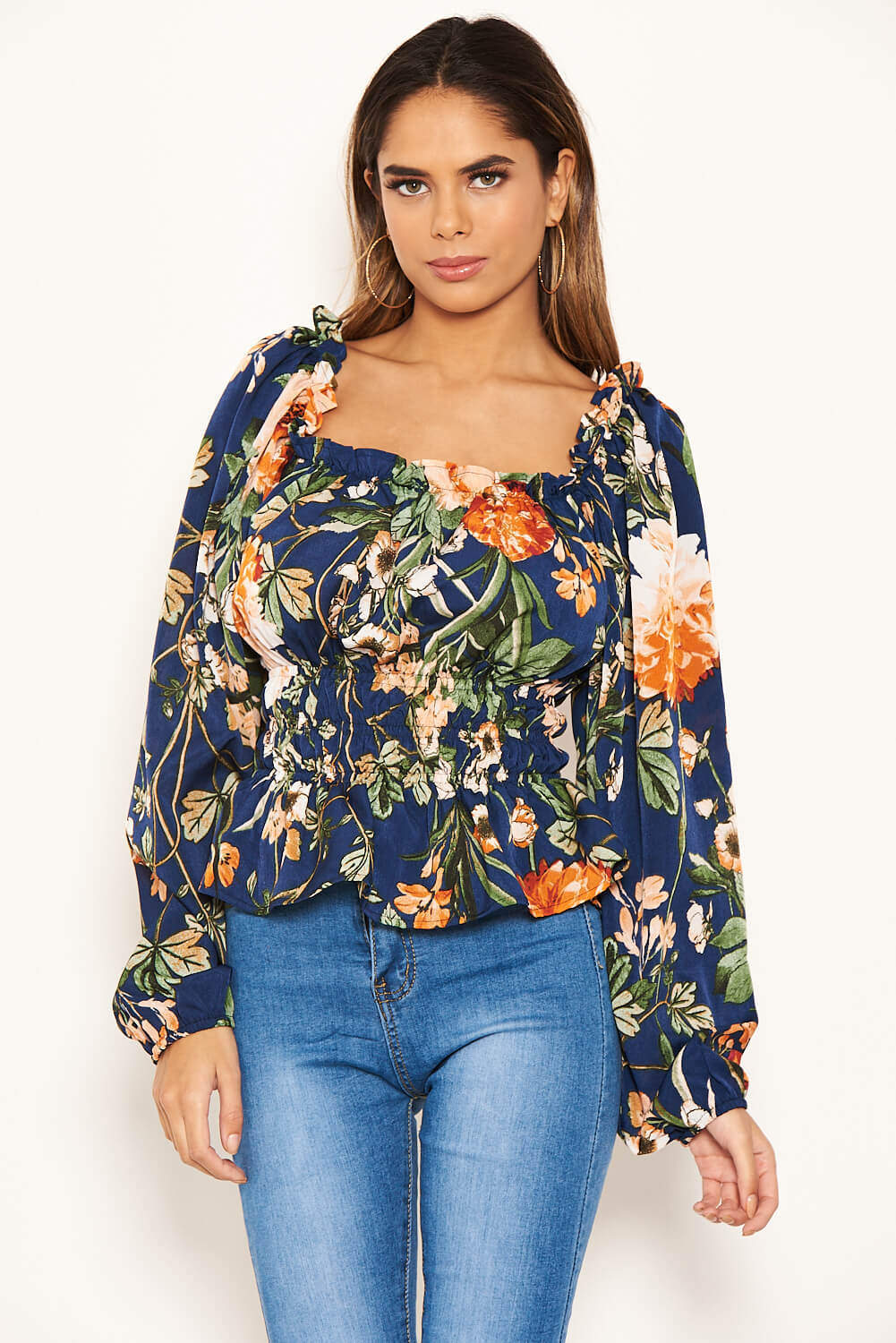 Navy Floral Square Neck Top - Image 3