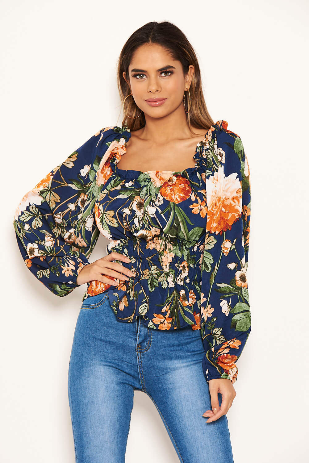 Navy Floral Square Neck Top - Image 4