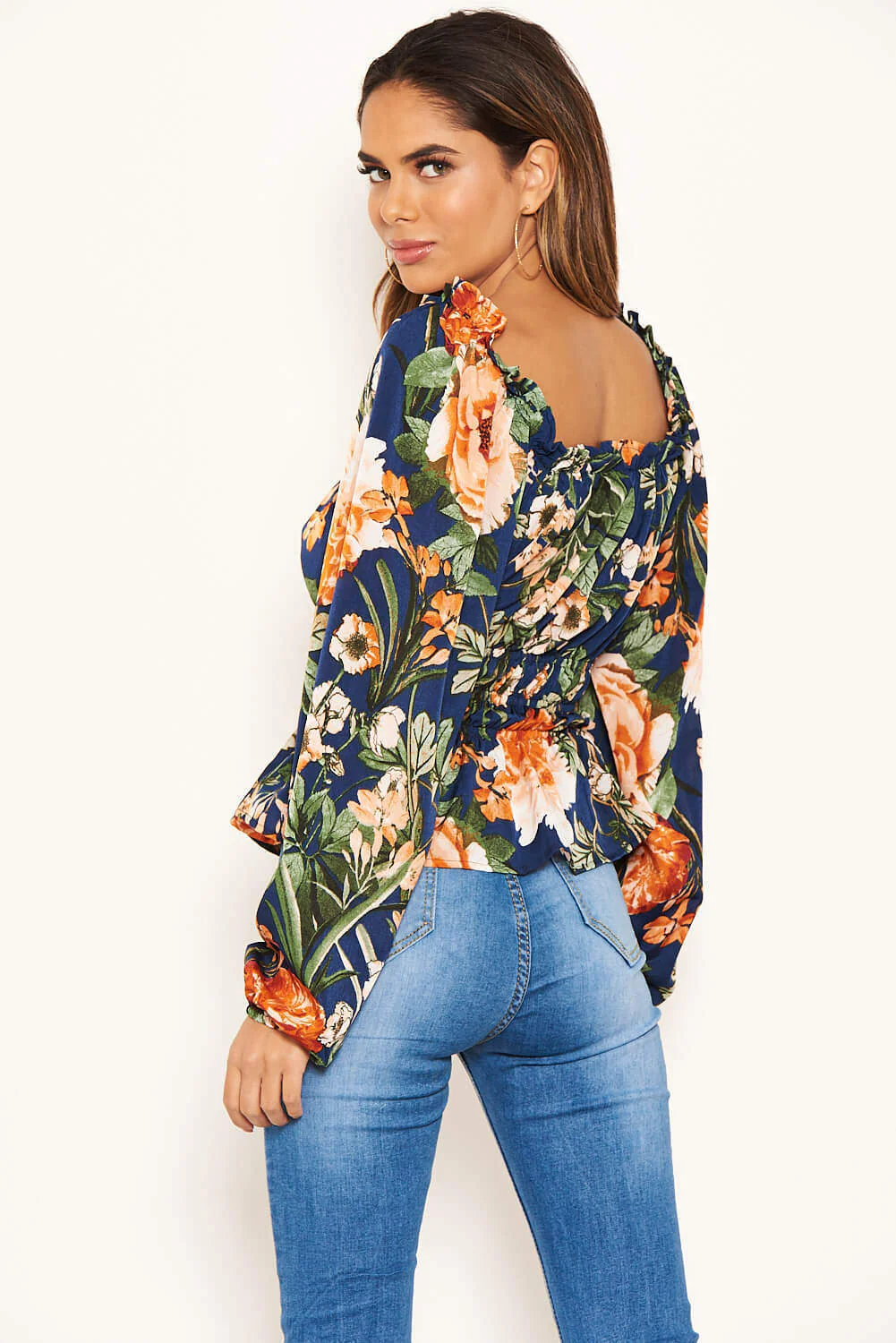 Navy Floral Square Neck Top - Image 5